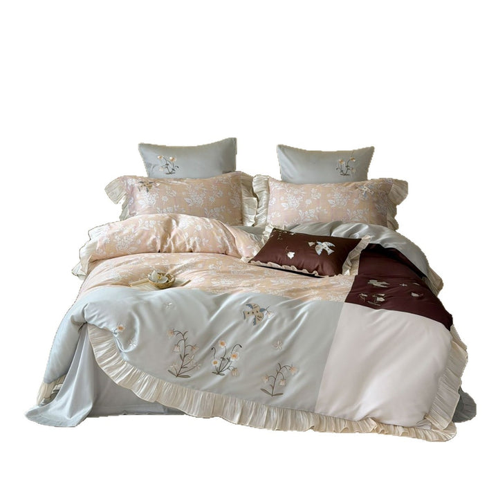 Satin-Blend Botanical Embroidered Duvet Cover Set with Ruffled Hem and Contrast Panel