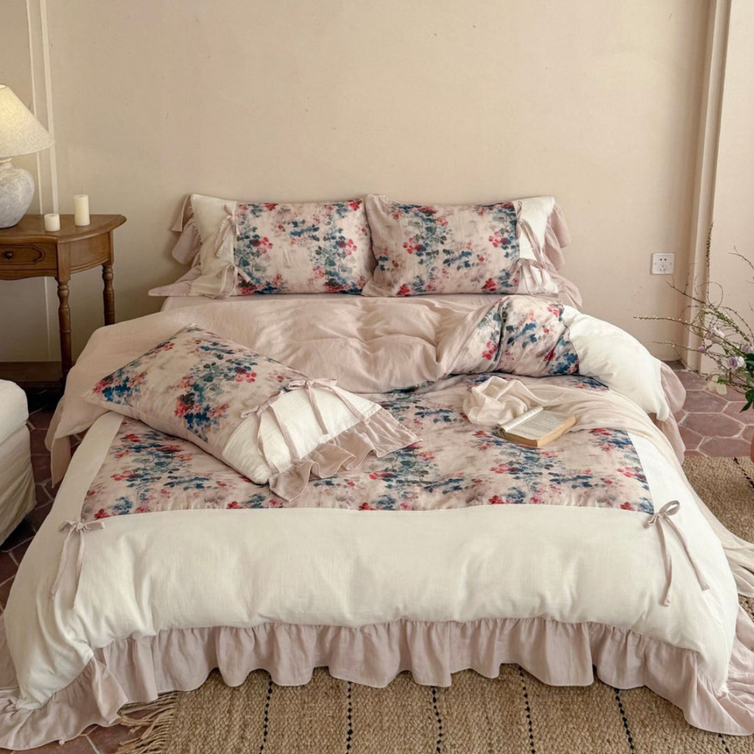 Floral Ruffled Cotton-Linen Duvet Cover Set with Tied Pillow Shams and Ruffled Bedskirt