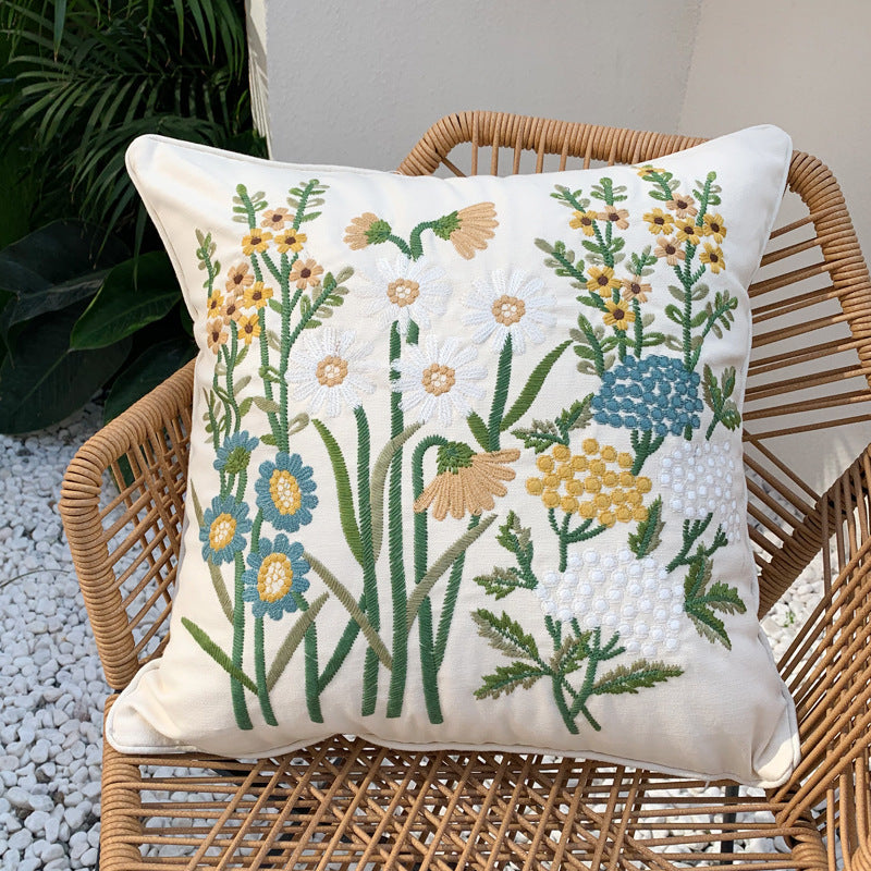 Square cushion cover with hand-embroidered wildflower relief, linen-cotton blend and concealed zipper Stornfield