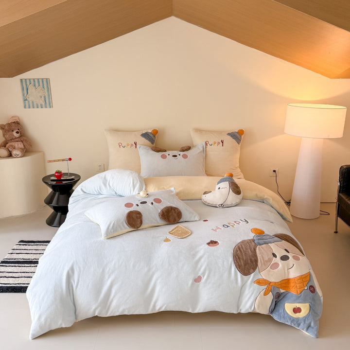 Children's Cartoon Puppy Embroidered Cotton Duvet Cover Set with Plush Appliqué Pillow Shams