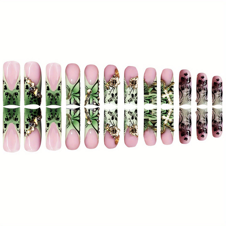 Decorative Floral Press-On Nails with Gem Accents Stornfield