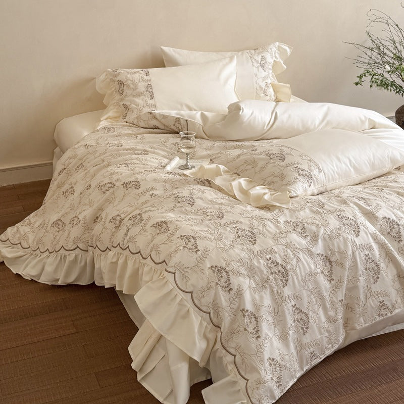 Embroidered Floral Ruffled Scalloped-Edge Duvet Cover Ensemble with Satin Trim