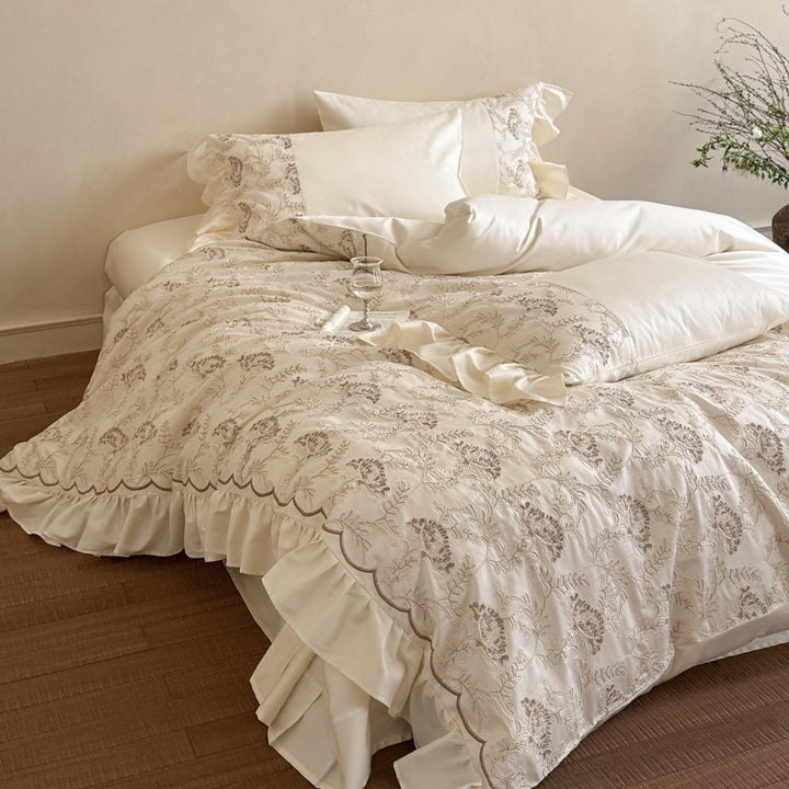 Embroidered Floral Ruffled Scalloped-Edge Duvet Cover Ensemble with Satin Trim