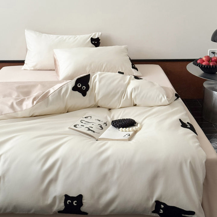 Cotton Sateen Duvet Cover Set with Raised Cat Appliqué & Hidden Closure