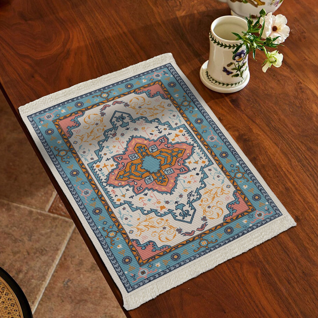Smaller woven vintage oriental rug with floral medallion design and fringe