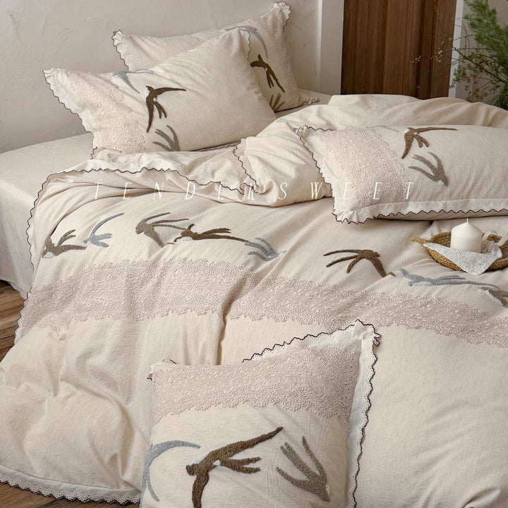 Embroidered Bird Linen-Blend Duvet Cover Set with Scalloped Lace Trim