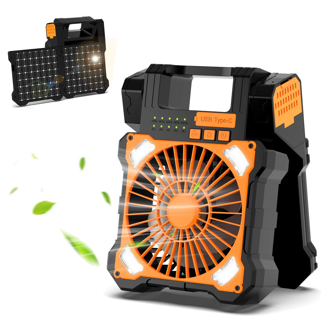 Cooling portable solar camping fan with USB-C power bank and integrated LED work light Stornfield
