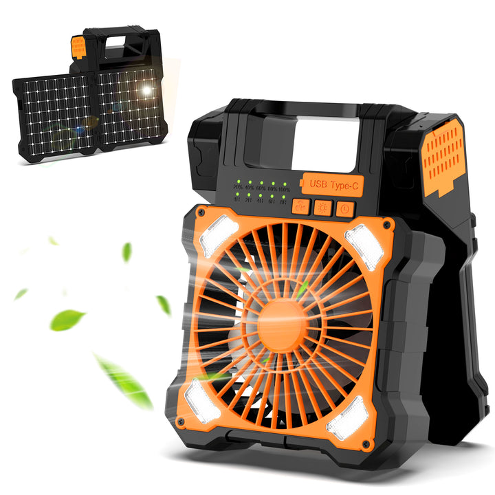 Cooling portable solar camping fan with USB-C power bank and integrated LED work light Stornfield