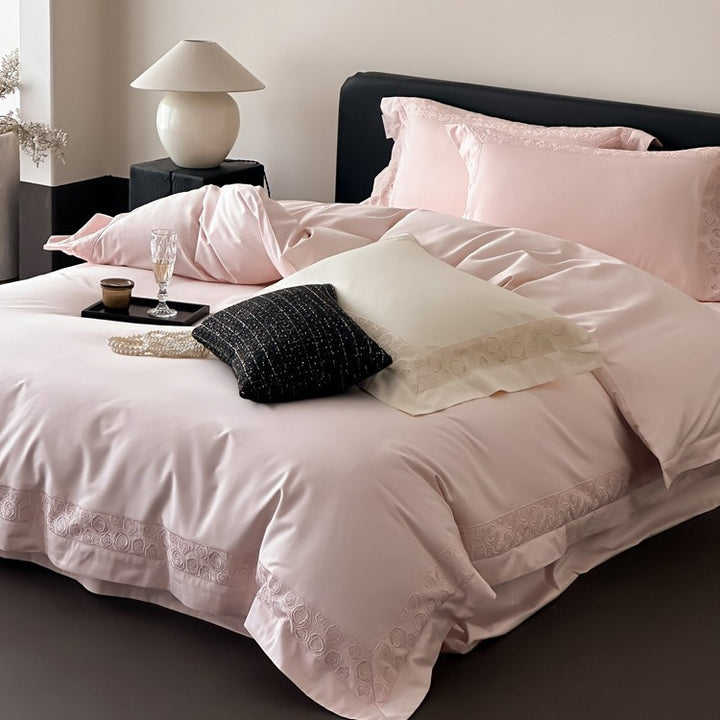Silky Micro-Sateen Rose-Scroll Embroidered Duvet Cover Set with Scalloped Hem & Pillow Shams