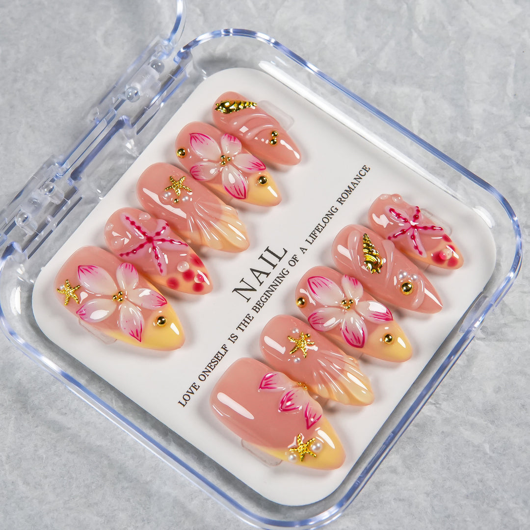 Decorative Press-On Nail Set with Floral and Beach Accents