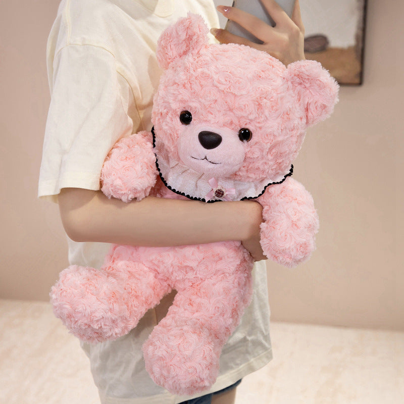 Curly-Fur Teddy Bear with Ruffled Plaid Collar and Embroidered Nose Stornfield