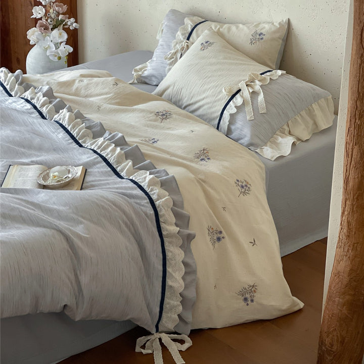 Floral Embroidered Ruffled Duvet Cover Set with Decorative Bolster Pillow