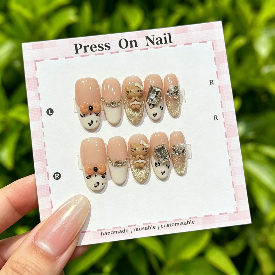Decorative Press-On Nail Set with Gem Accents  1791774365