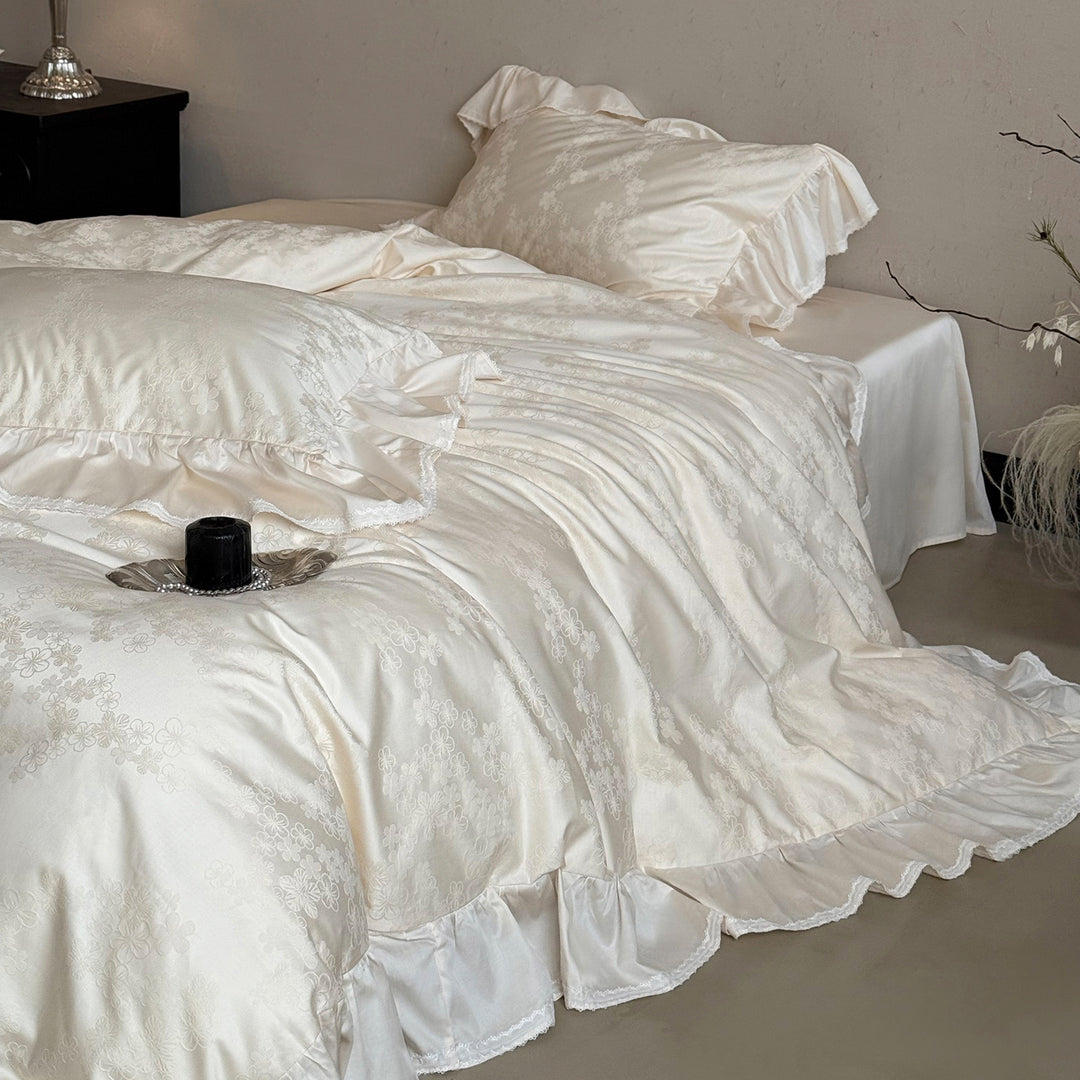 Ruffled Satin-Jacquard Duvet Cover Set with Scalloped Lace-Trim Pillow Shams