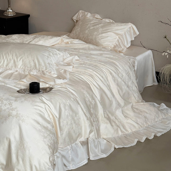Ruffled Satin-Jacquard Duvet Cover Set with Scalloped Lace-Trim Pillow Shams