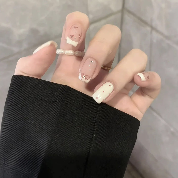Decorative Press-On Nail Set with Heart and Bow Designs