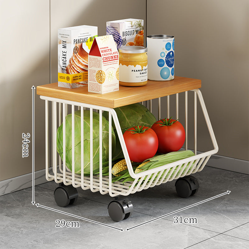 Countertop Wooden-Top Metal Wire Produce Storage Basket with Front-Tilt Access