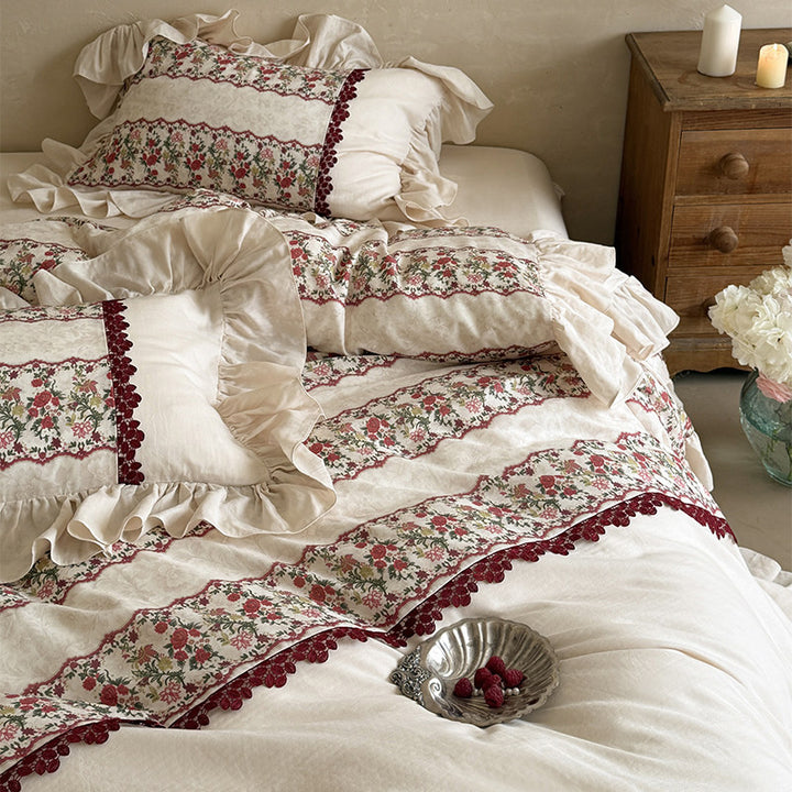 Floral-Striped Ruffled Cotton-Linen Duvet Cover Set with Crochet Lace Trim