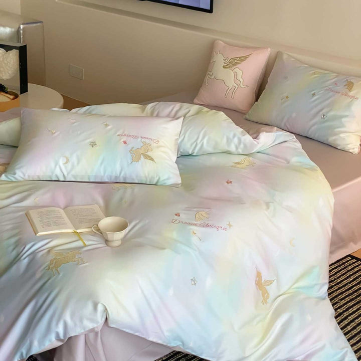 Dreamscape Unicorn Satin Duvet Cover Set with Decorative Pillowcases