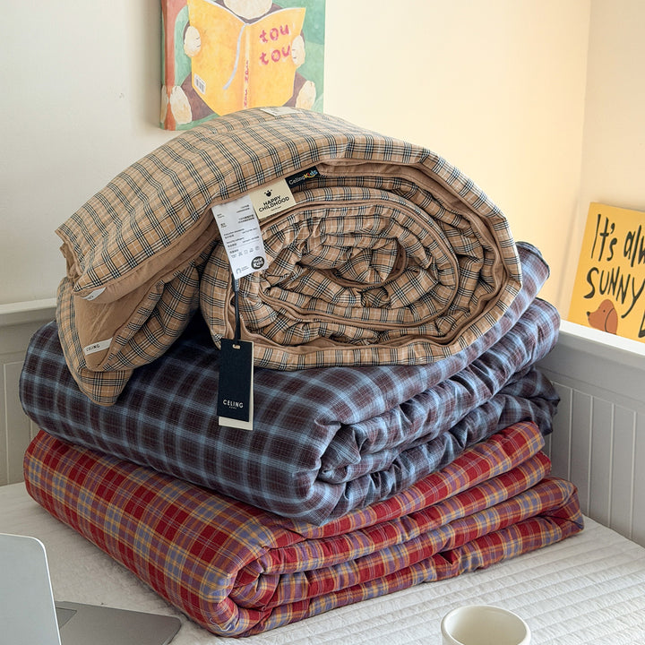 Quilted Plaid Cotton Mattress Cover and Comforter Set with Embroidered Animal Appliqué
