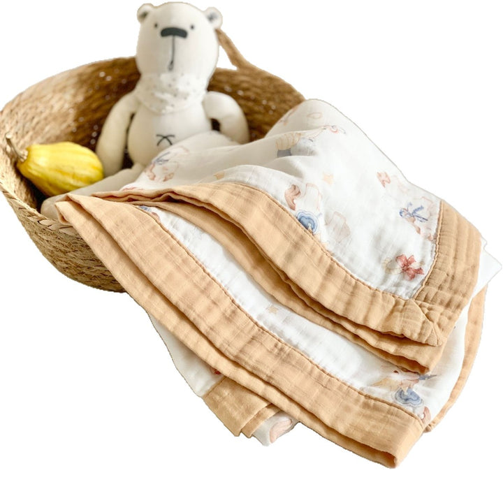 Muslin Cotton Blanket with Whimsical Animal Print and Quilted Border