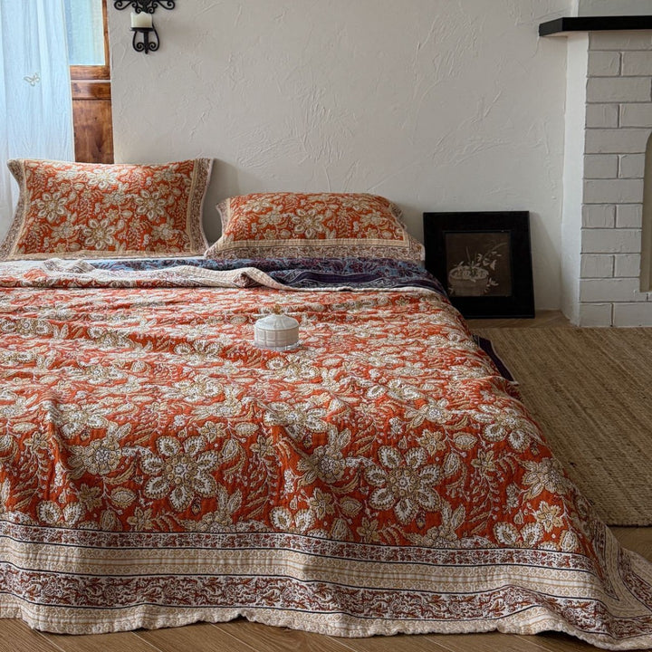 Handcrafted Floral Kantha-Style Cotton Quilt Bedspread with Matching Pillow Shams