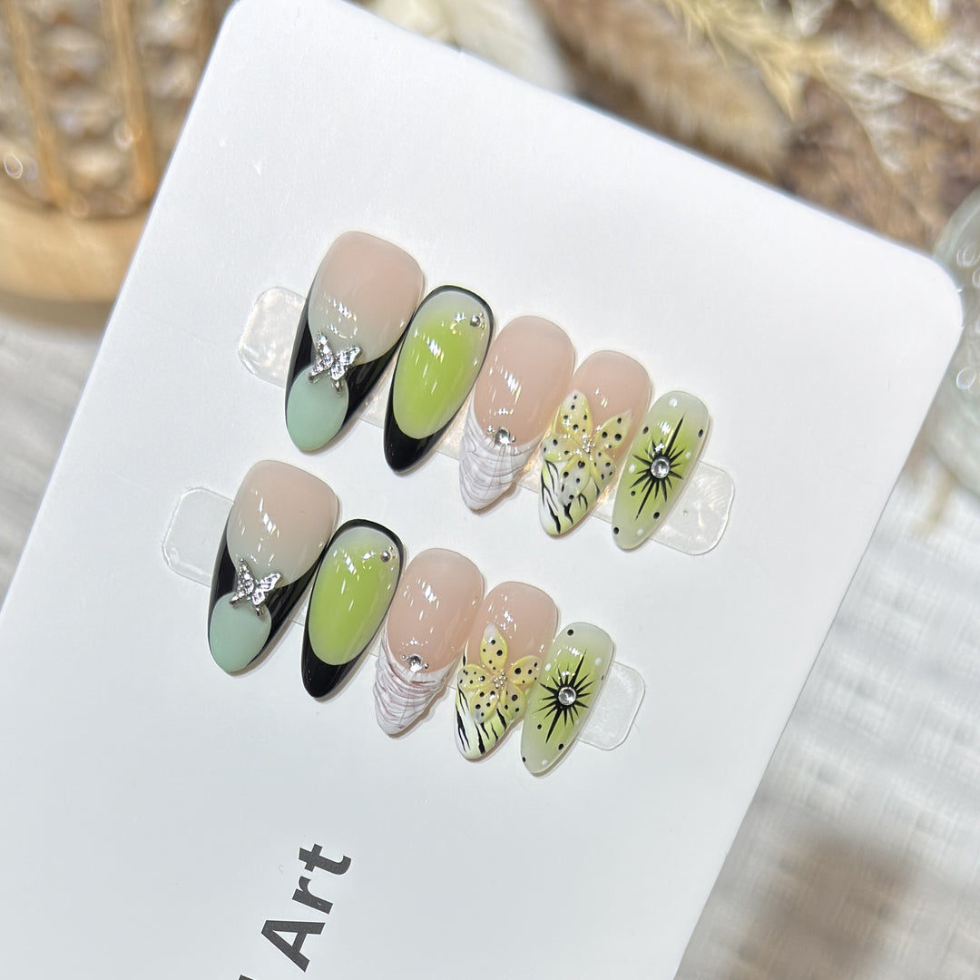 Artistic Press-On Nail Set with Butterfly and Floral Designs Stornfield