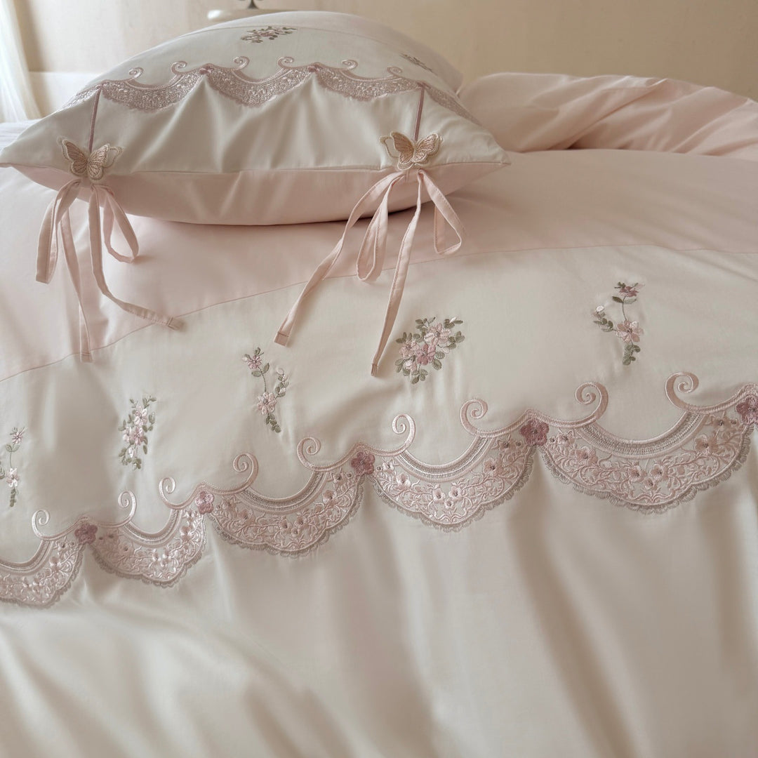 Embroidered Ruffled Cotton Sateen Duvet Cover Set with Decorative Tie Pillow Shams and Heart Throw Pillow