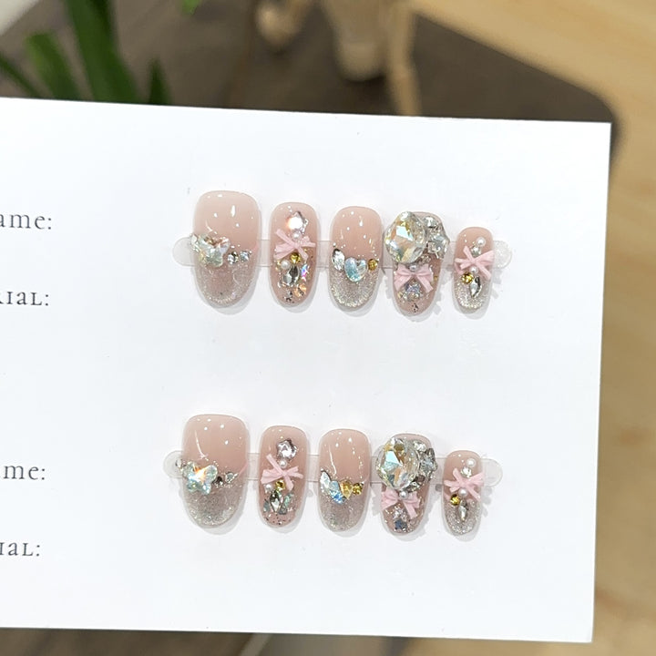 Decorative Press-On Nail Art Set with Rhinestone Accents