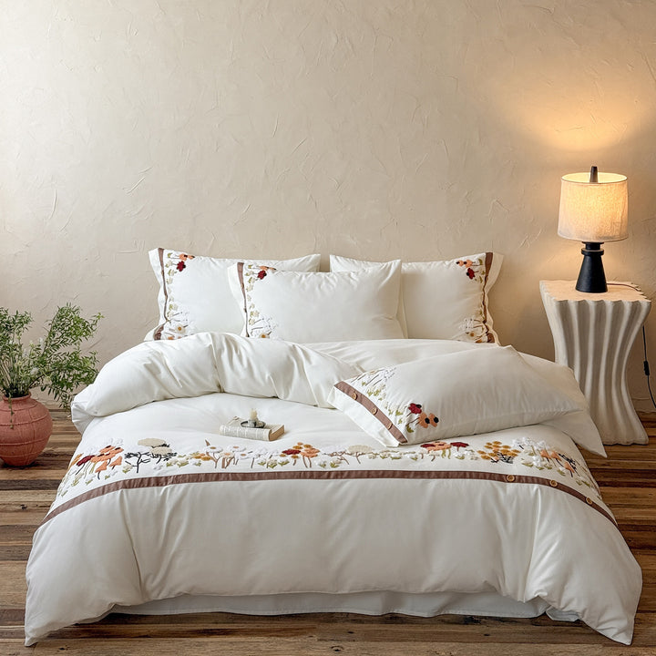 Cotton-Sateen Embroidered Scalloped Lace-Trim Duvet Cover Set with Garden Motif & Pillow Shams
