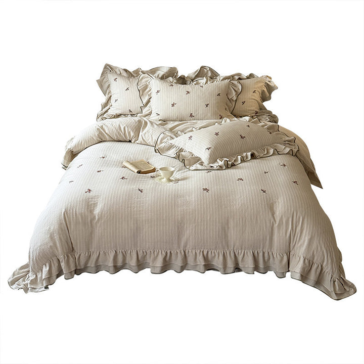 Embroidered Mini-Rose Ruffled Cotton-Linen Duvet Cover Set with Olive Piped Edge