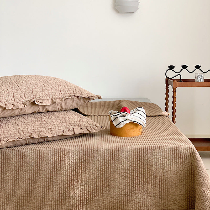 Textured Ribbed Quilted Bedspread Set with Ruffled Edge Pillow Shams