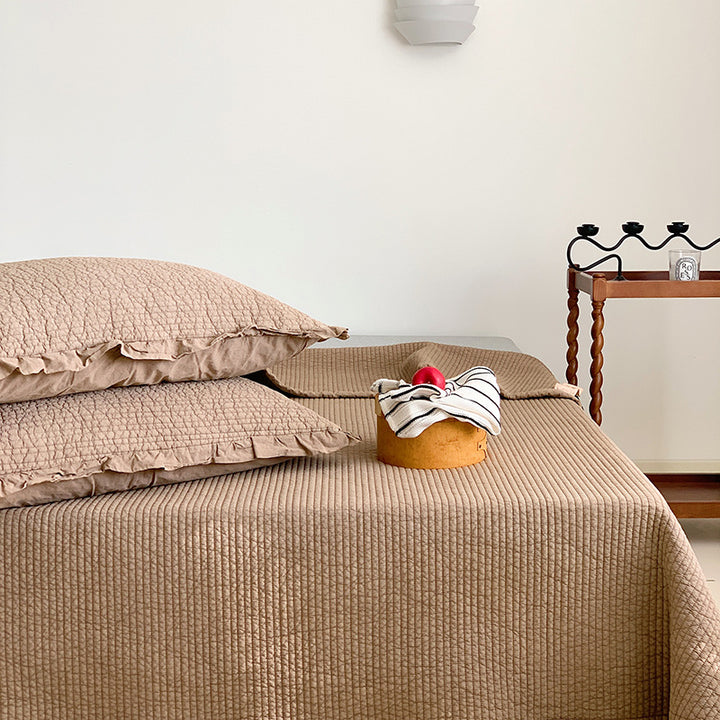 Textured Ribbed Quilted Bedspread Set with Ruffled Edge Pillow Shams