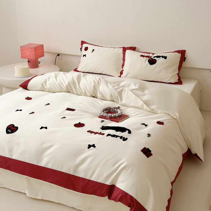 Embroidered Cotton-Blend Duvet Cover Set with Contrasting Border and Pillow Shams
