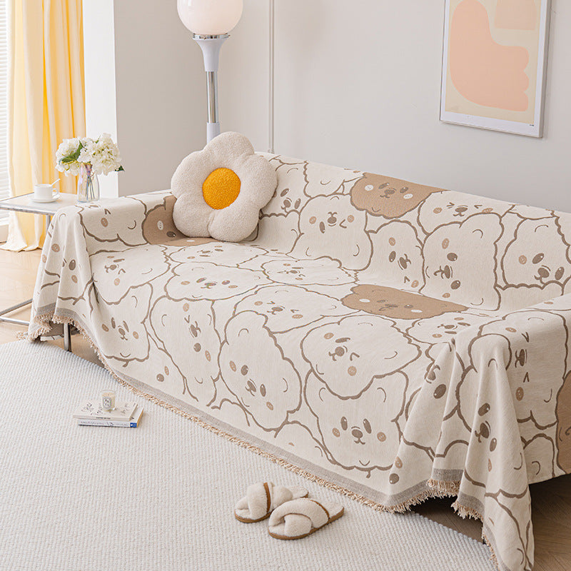 Decorative Woven Sofa Throw Blanket with Cute Teddy Face Motif and Fringed Edges