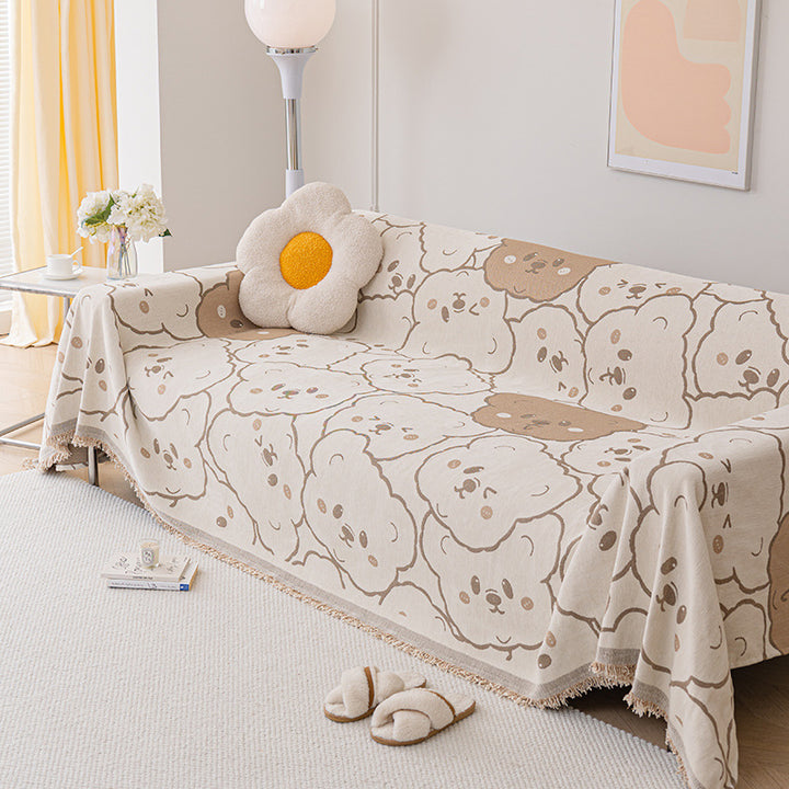 Decorative Woven Sofa Throw Blanket with Cute Teddy Face Motif and Fringed Edges