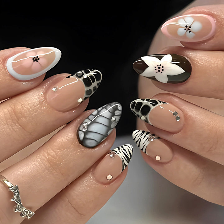 Artistic Press-On Nail Set with Floral and Textured Design Stornfield