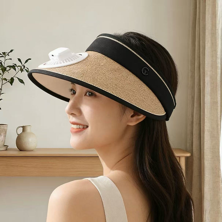 Air-cooled straw hat with detachable battery fan and elastic headband Stornfield