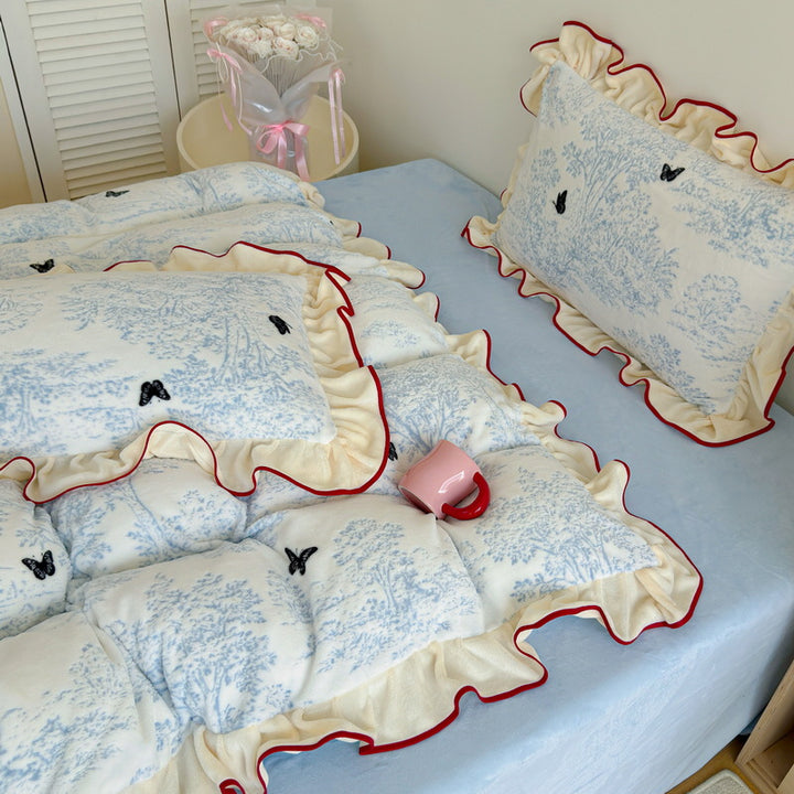 Ruffled Toile Comforter and Shams Set with Contrast Piping