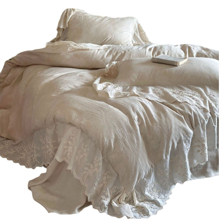 High-quality linen bedding set with floral lace border and ruffle