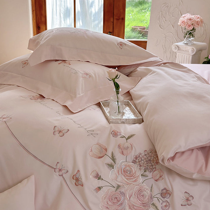 Embroidered Floral Satin Duvet Cover Set with Decorative Bow and Matching Pillow Shams