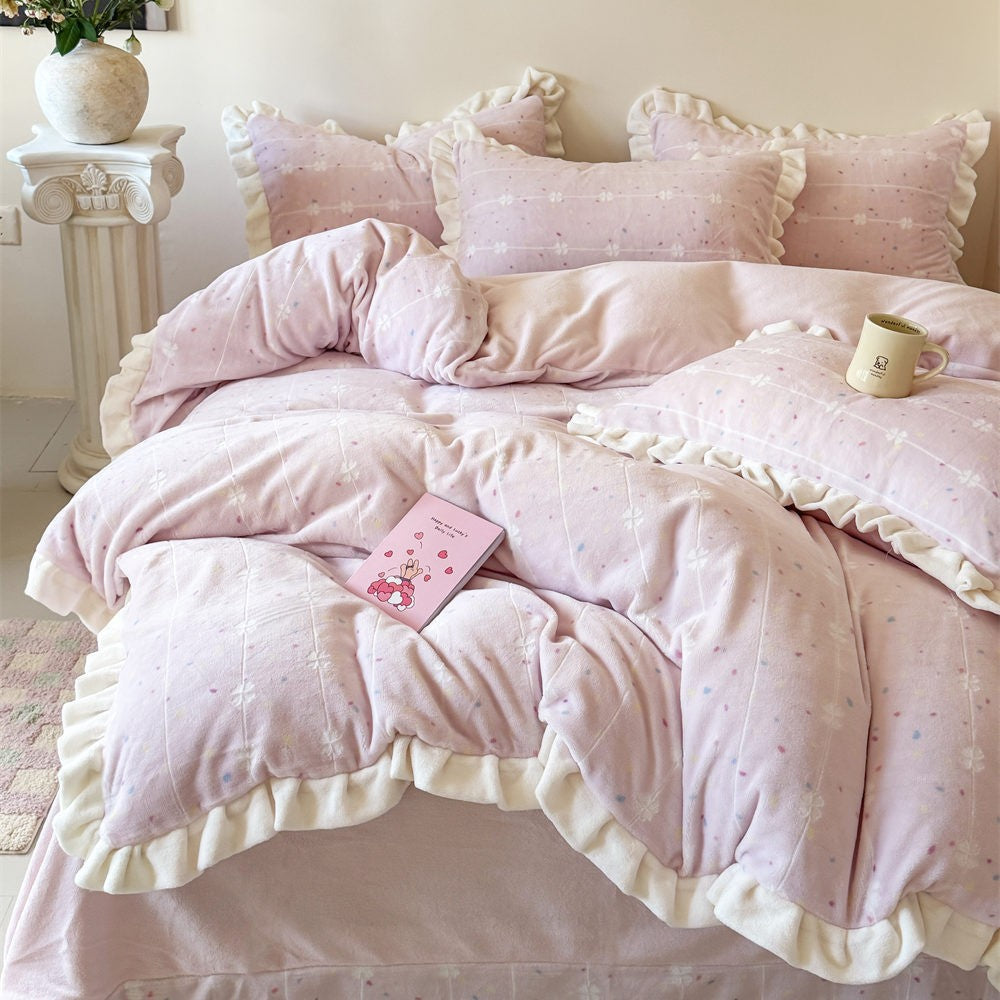 Ruffled Cotton Flannel Duvet Cover and Sham Bedding Set