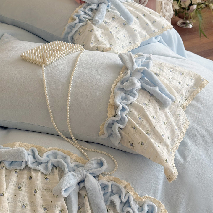 Soft Washed Cotton-Linen Ruffled Duvet Cover Set with Bow-Tie Accents & Lace-Trim Bed Skirt