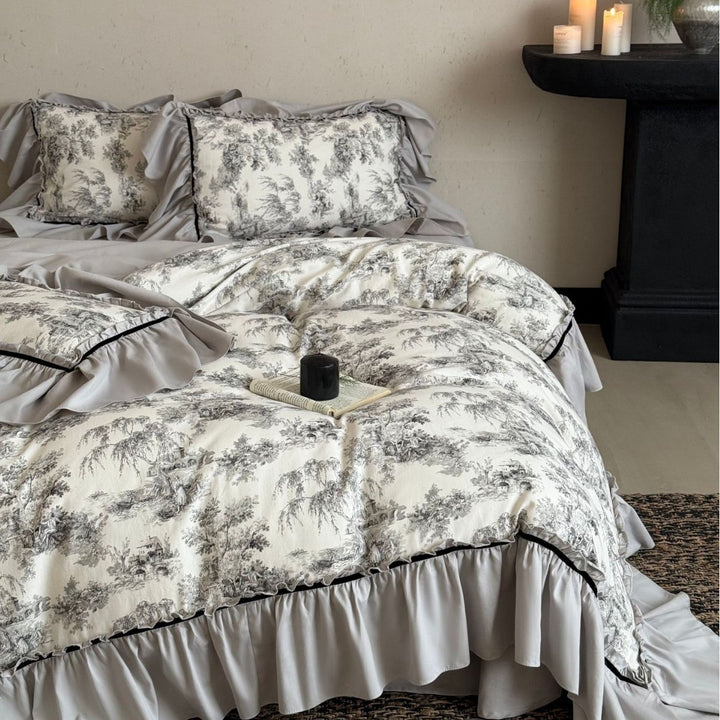 Romantic Toile-Print Ruffled Duvet Cover Set with Layered Bed Skirt