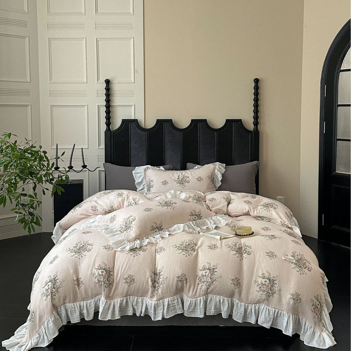 Crinkled Cotton Ruffled Duvet Cover Set with Floral Textured Finish & Frilled Shams