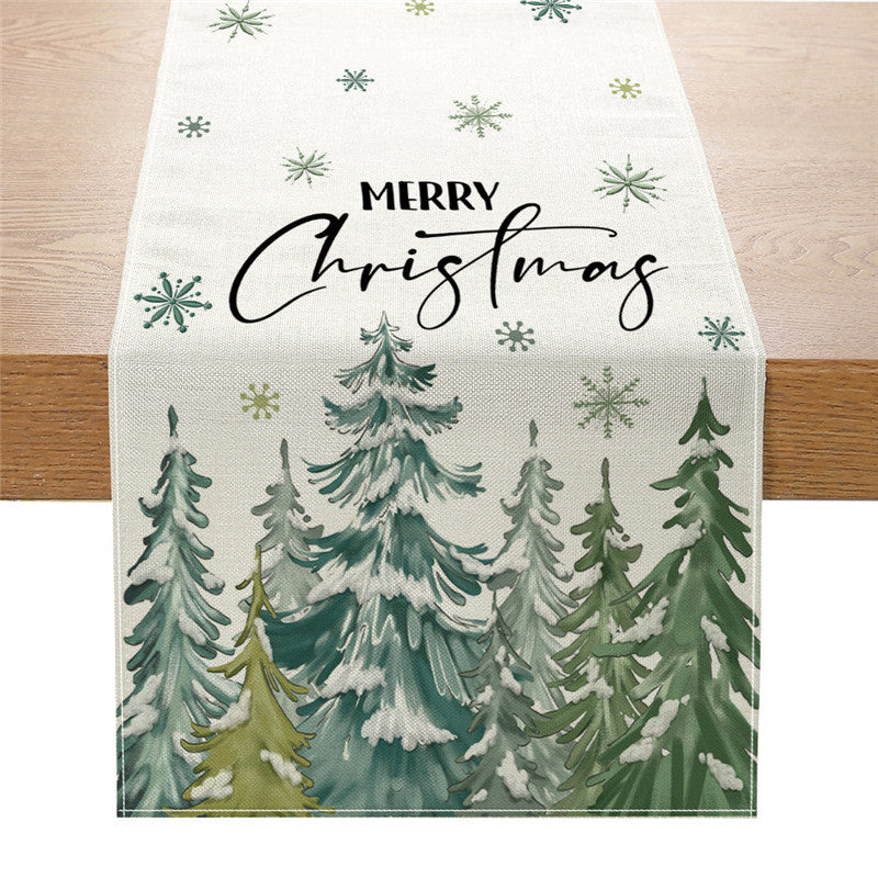 Festive Printed Cotton Linen Table Runner with Holiday Ornament Motif and Merry Christmas Script