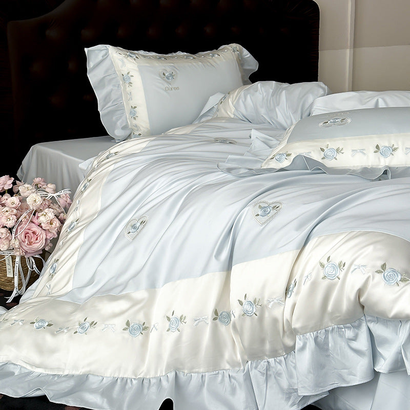 Romantic Embroidered Floral Satin-Trim Duvet Cover & Ruffled Sham Set