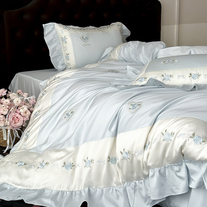 Romantic Embroidered Floral Satin-Trim Duvet Cover & Ruffled Sham Set