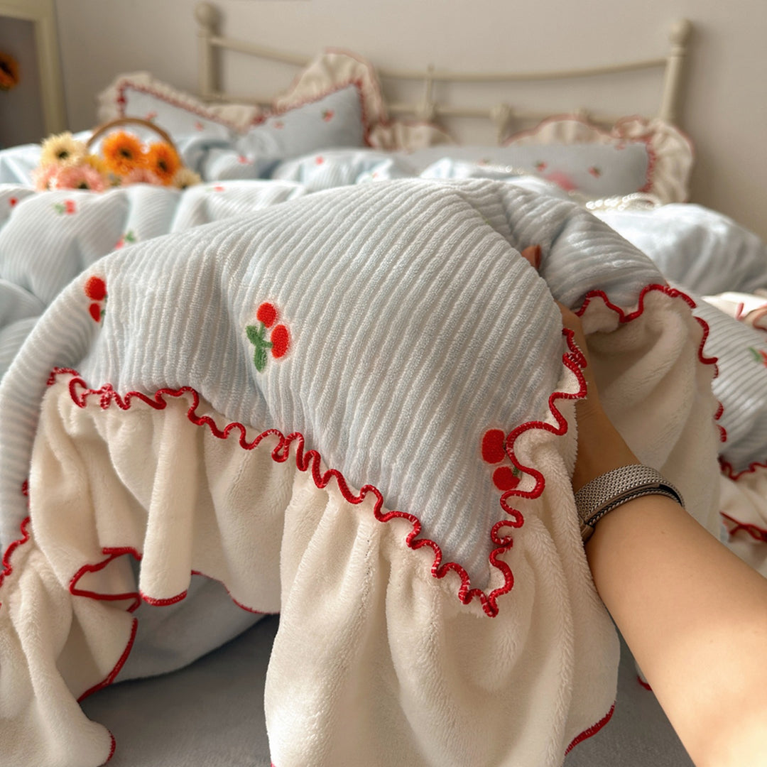 Vintage Cherry Embroidered Ruffled Cotton Duvet Cover Set