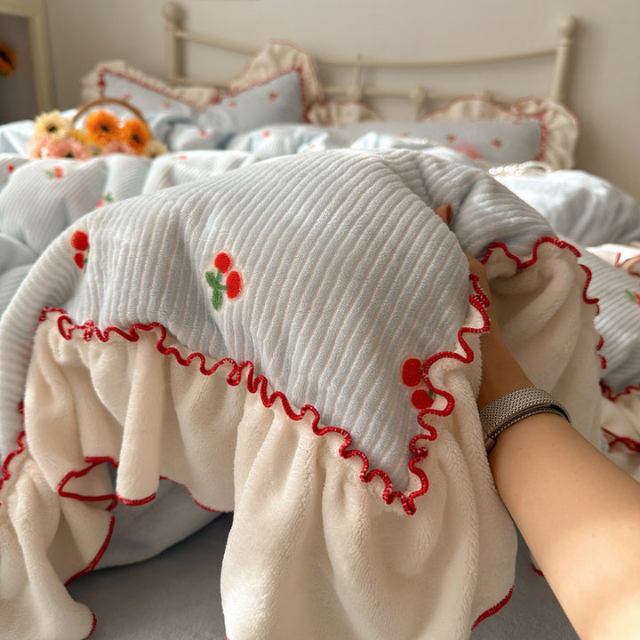 Vintage Cherry Embroidered Ruffled Cotton Duvet Cover Set